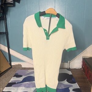 Esprit Cream Knit Polo Shirt with Green Trim